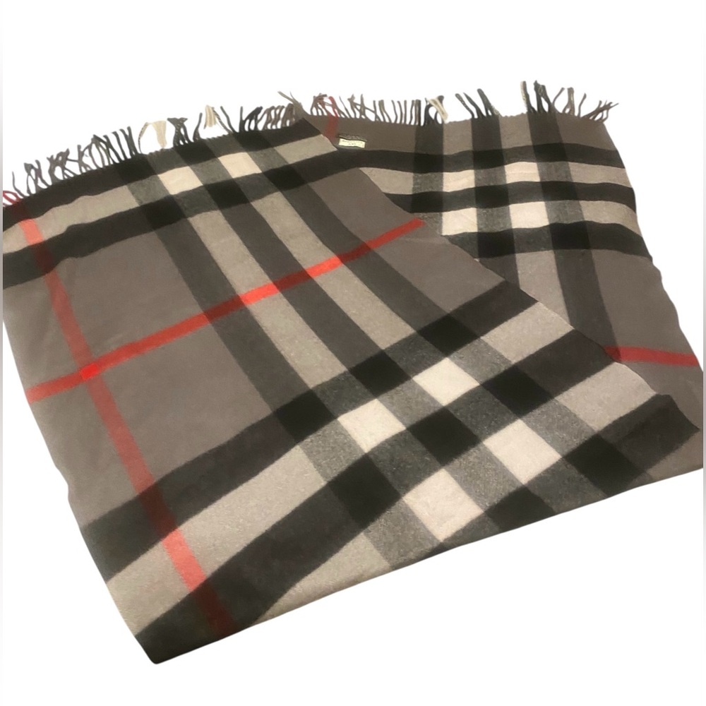 Sky Cashmere 100% Virgin Wool Scarf 26”X78” Fringe Beige Black Red Plaid Luxury - Picture 7 of 15